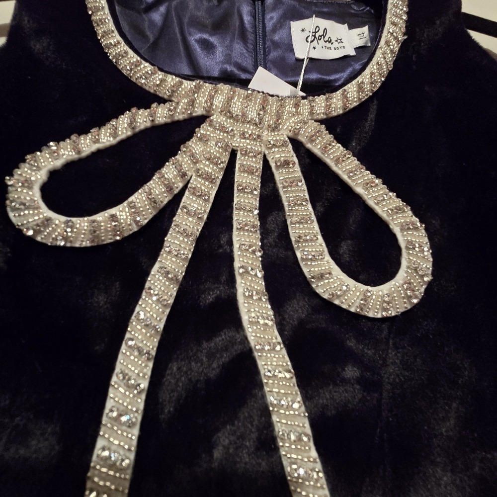 Lola & The Boys NWT Velvet Bow Princess Dress Girls Sz 14 Navy Beaded Lined NEW - Picture 3 of 11